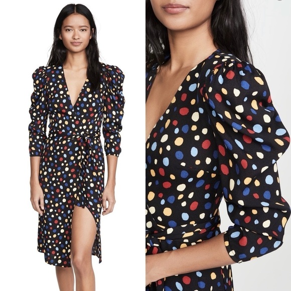 Reformation Black Polka Dots Fiesta Shoulder Pads Wrap Jaylee Dress Size Small